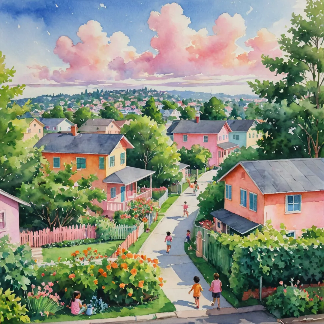 ibrant watercolor painting of a cozy neighborhood scene, featuring children playing in the foreground with colorful houses and lush greenery in the background. The sky is painted with pastel shades of pink and orange, reflecting a warm and inviting atmosphere. A sense of community and education is conveyed through the presence of the schools mentioned in the article.