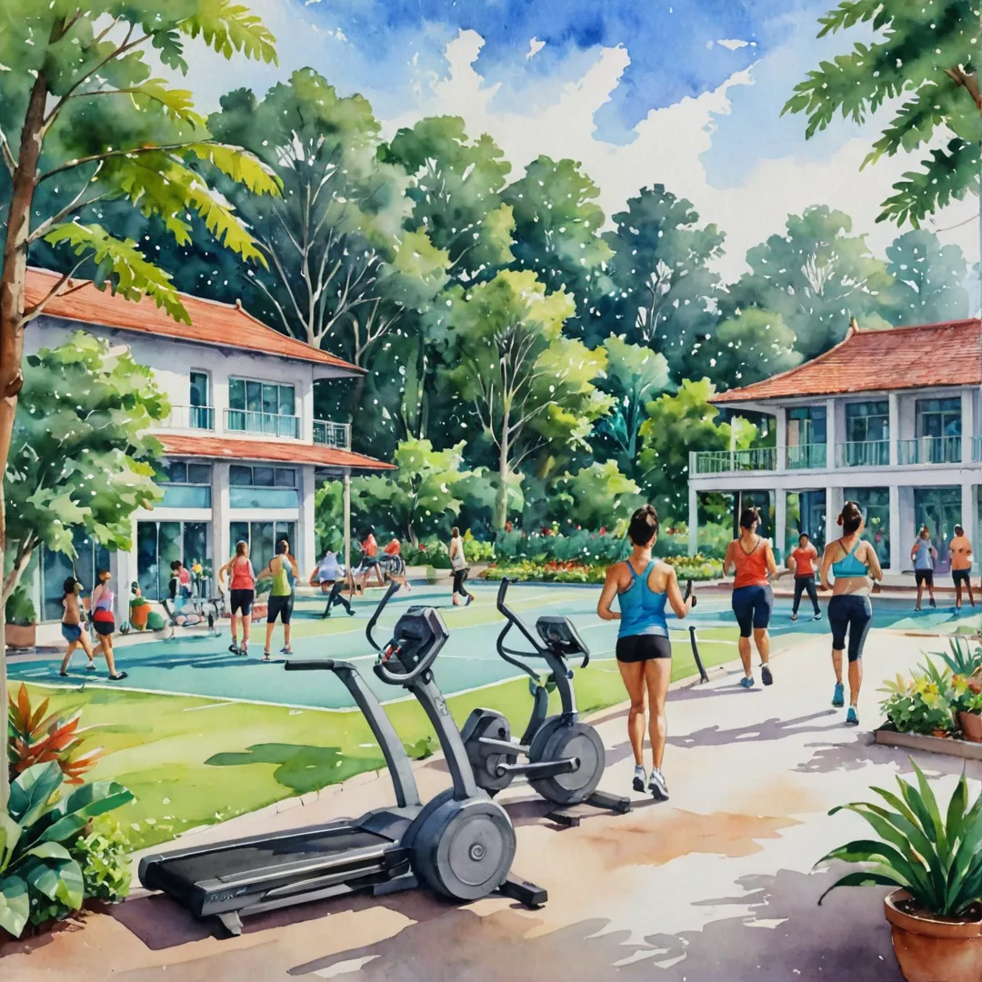 ibrant watercolor painting of Alita's gym and wellness center, people exercising with determination, diverse fitness equipment in the background, top-tier facilities, lush greenery surrounding the area, positive energy emanating from the scene.