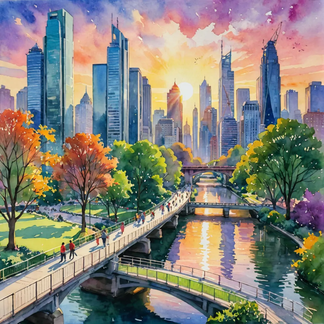 atercolor painting of a bustling cityscape with skyscrapers and office buildings in the background, connected by colorful bridges spanning across lush green parks. In the foreground, people from various professions can be seen commuting to work on these bridges, while others enjoy leisurely walks or jogging along the winding paths that lead through the parkland below. The sun is setting in the horizon, casting warm golden light over the scene as it fades into an array of vibrant oranges, pinks, and purples.