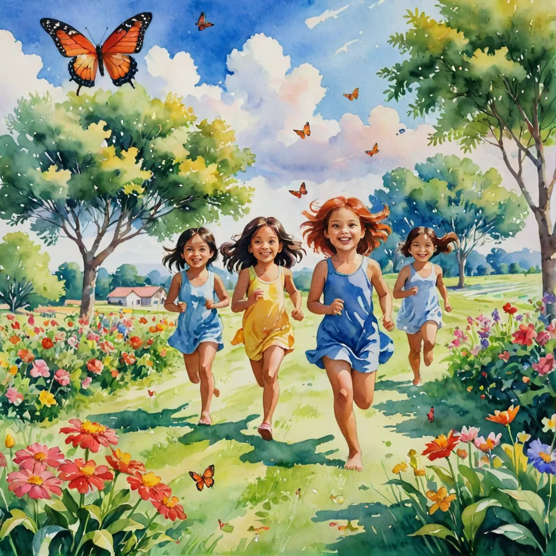 ibrant watercolor painting of a diverse group of children playing together in a lush green field, surrounded by colorful flowers, butterflies, and birds. The sky is filled with fluffy clouds, casting a warm golden light over the scene. The children are engaged in various activities: some are running, others are laughing and chatting, while some play with toys or animals. In the background, there's a small school building with a bright red roof and several trees providing shade.