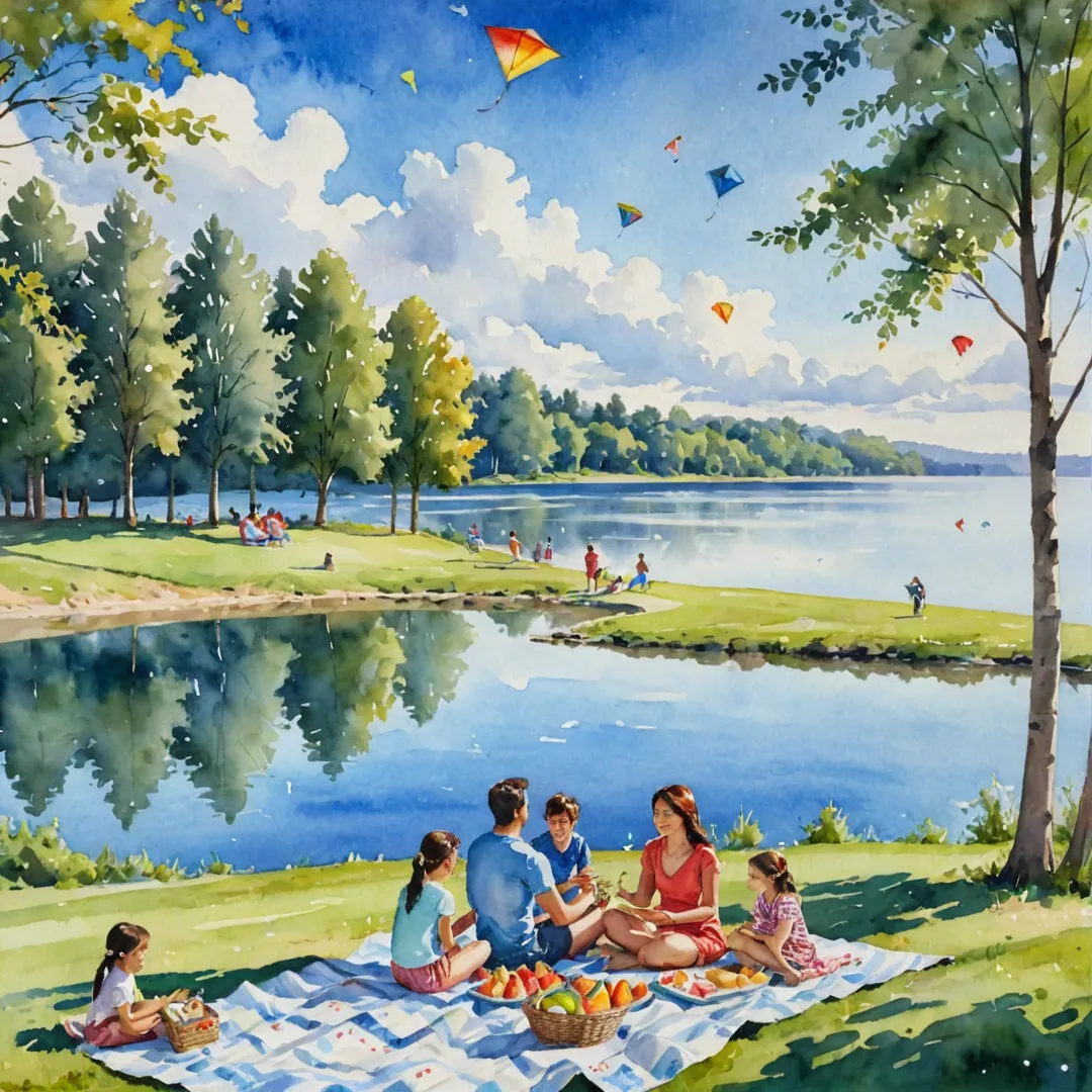 atercolor painting of a family enjoying a picnic near a lake, children playing with kites while parents relax on a blanket, trees providing shade, blue sky with puffy clouds, sunlight filtering through the leaves, warm colors, peaceful atmosphere.