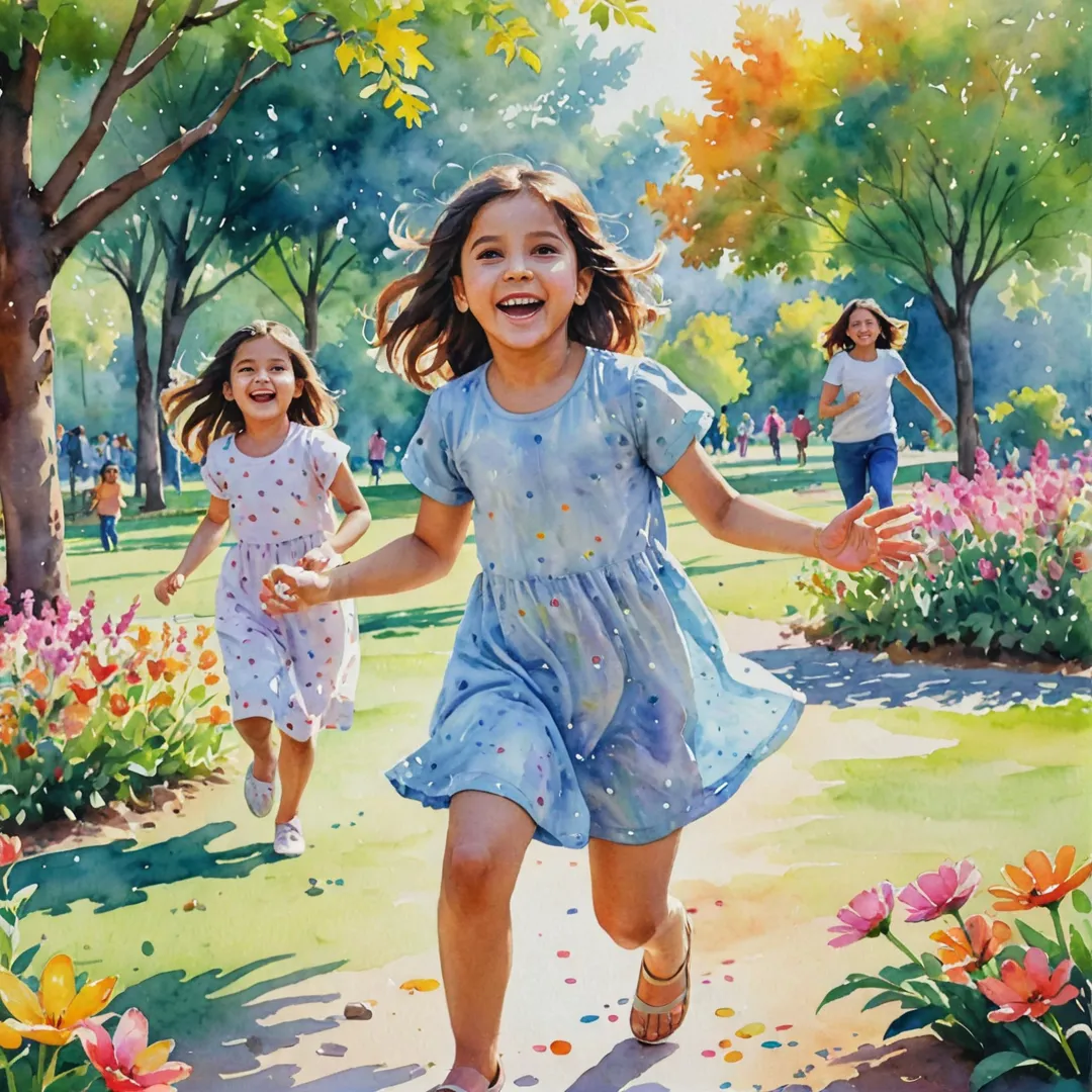 atercolor painting of a young girl playing with her friends in the park, surrounded by vibrant flowers and colorful trees, their laughter filling the air as they chase each other under the warm sunlight.