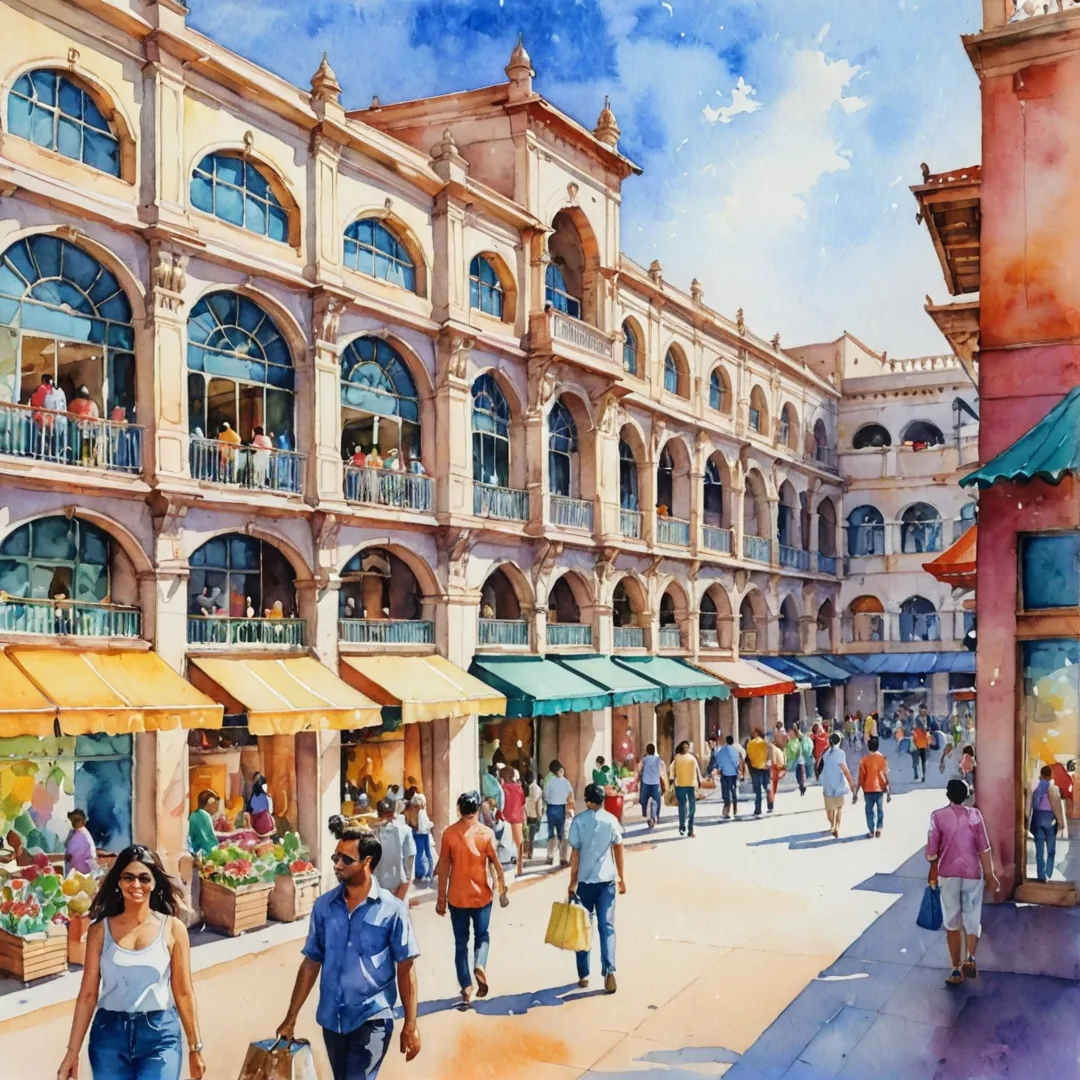 atercolor painting of a bustling outdoor shopping mall, people walking and enjoying their time in the warm sunlight, with vibrant colors and detailed architecture