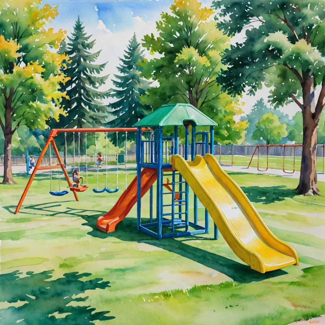 chool playground, children playing, running, laughing, sunshine, green grass, colorful swing sets, trees in background