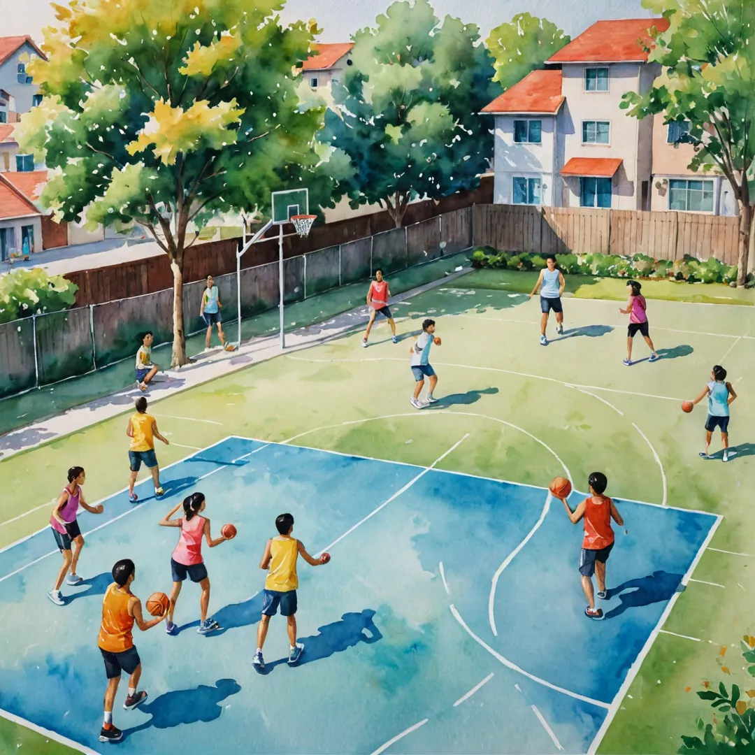 atercolor painting of a vibrant community with people of different ages engaged in various outdoor activities: playing basketball, badminton, and enjoying the scenic surroundings. The image captures the essence of Alita as an active lifestyle gated community that promotes fitness and camaraderie among residents.