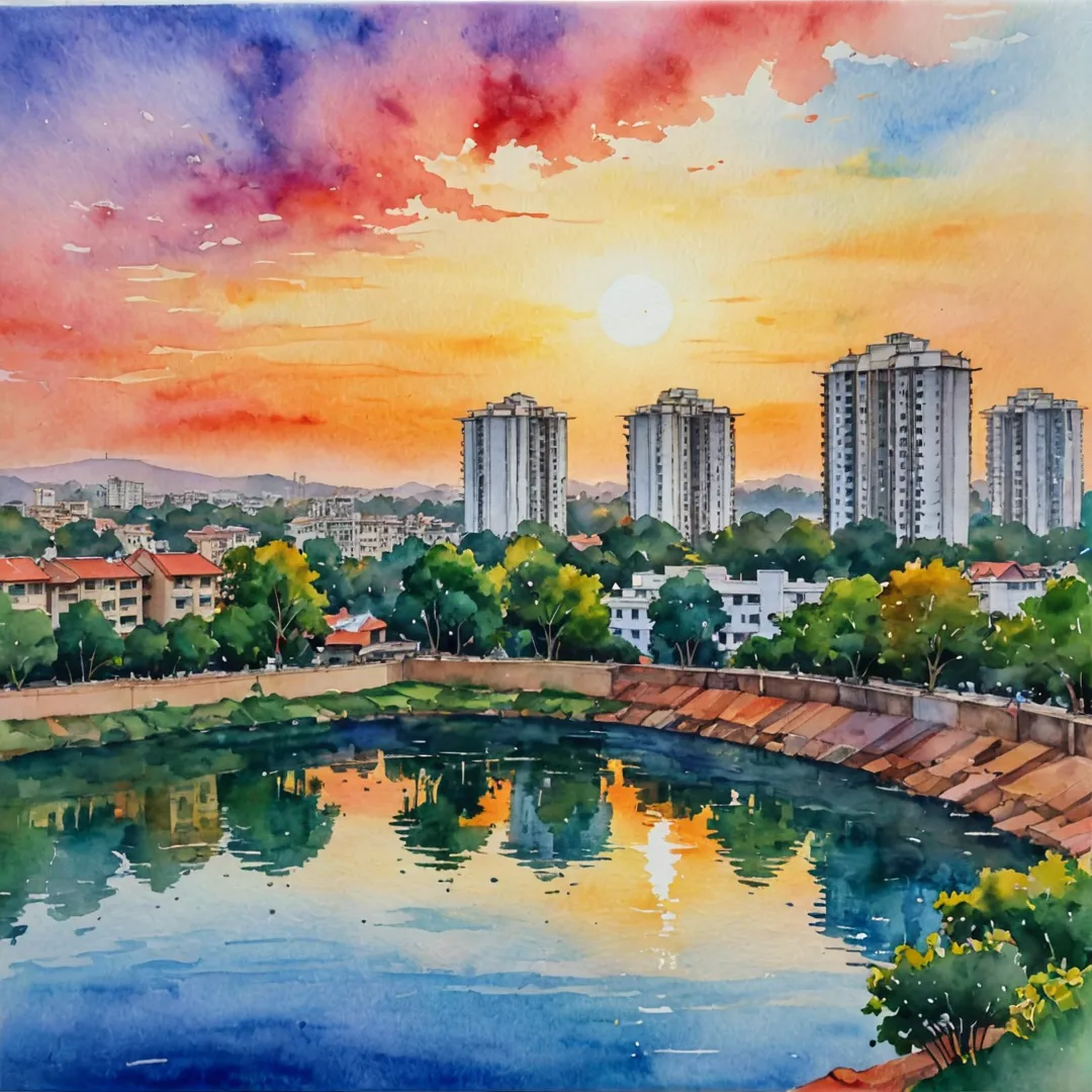 arm evening, serene atmosphere, colorful sunset, bangalore east skyline, residential project, watercolor painting style