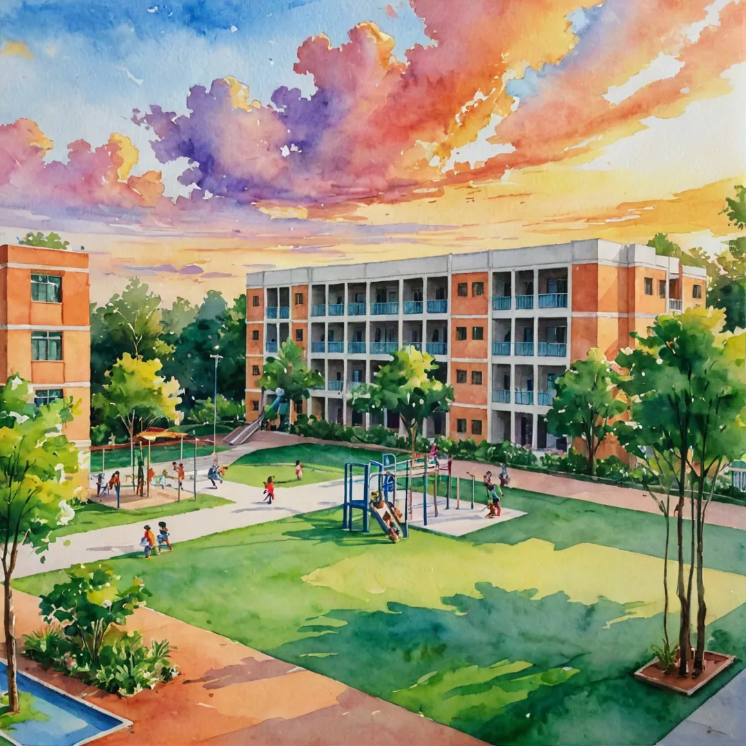 rompt: School campus with modern buildings, lush greenery, and children playing in the playground. In the background, a beautiful sunset paints the sky with warm colors, creating an aesthetically pleasing atmosphere. The camera captures a sense of happiness, learning, and growth within the school environment.