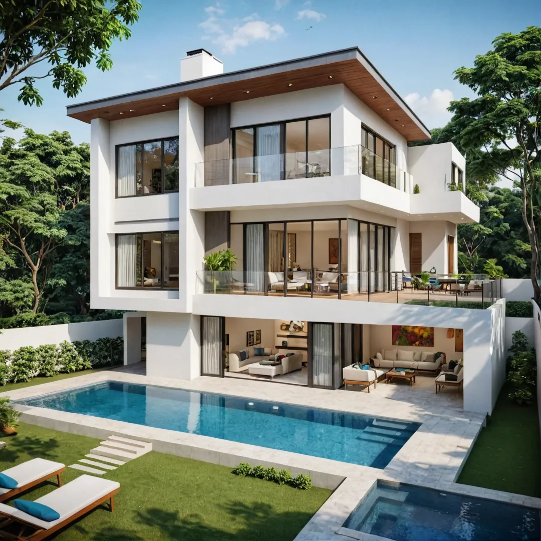 igh detailed render of a modern luxury villa in Kacharakanahalli, Bengaluru, India. The villa is located near Soukya road and Whitefield, providing excellent connectivity and infrastructure. It features spacious living areas, high-end amenities like swimming pool and badminton court, and a shared workspace lounge. The image captures the serene beauty of the property amidst a vibrant urban setting.