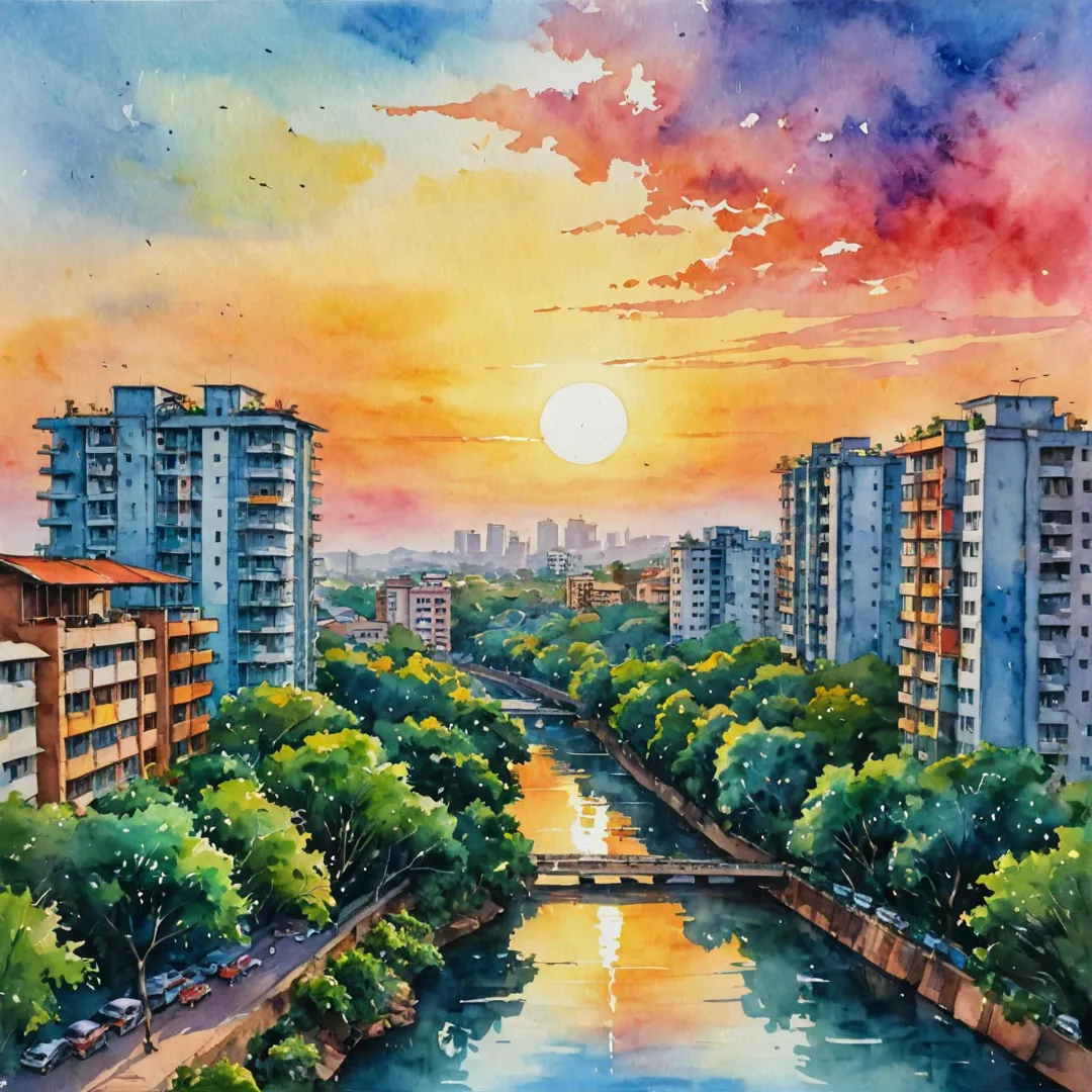 ibrant sunset over Alita, watercolor painting style, Bangalore East skyline, serene atmosphere, lush greenery, colorful apartments, bustling city life