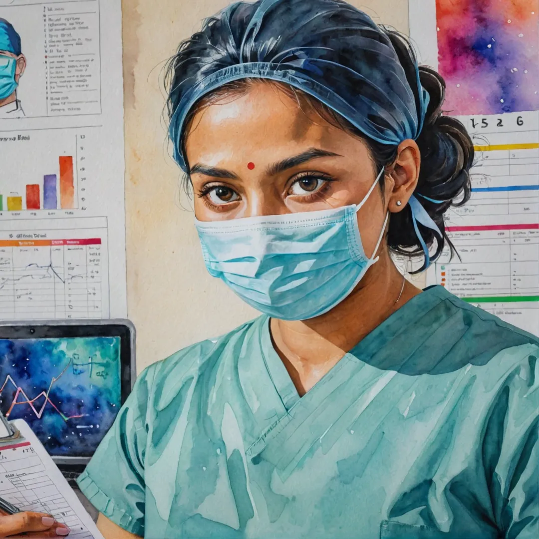 ospital room at night, vibrant colors of medical equipment, close-up of a doctor's face wearing surgical mask, focusing on patient's chart.