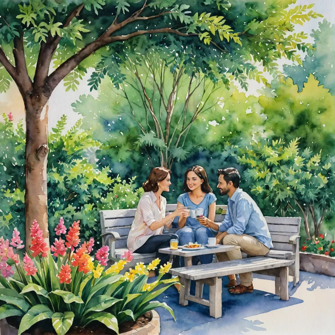 ater color painting of a cozy outdoor seating area in Alita, featuring two residents engaging in a deep conversation while surrounded by lush greenery and colorful flowers. The scene depicts a sense of warmth, community spirit, and connection between the characters as they share their thoughts under the gentle shade of a tree.