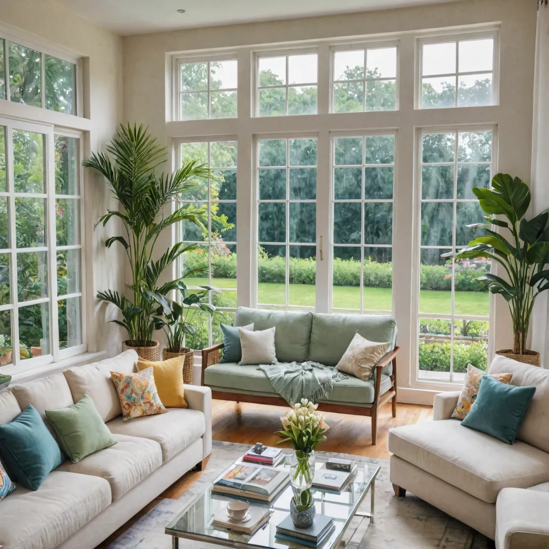 atercolor painting of a beautiful and serene living room in Alita, featuring large windows overlooking a lush green garden, with natural light streaming in, creating a warm and inviting atmosphere. The room is tastefully furnished with comfortable sofas, an elegant center table, and a cozy reading corner. A woman can be seen relaxing on the couch, reading a book, while another person works at a desk near the windowsill, enjoying the peaceful ambiance.