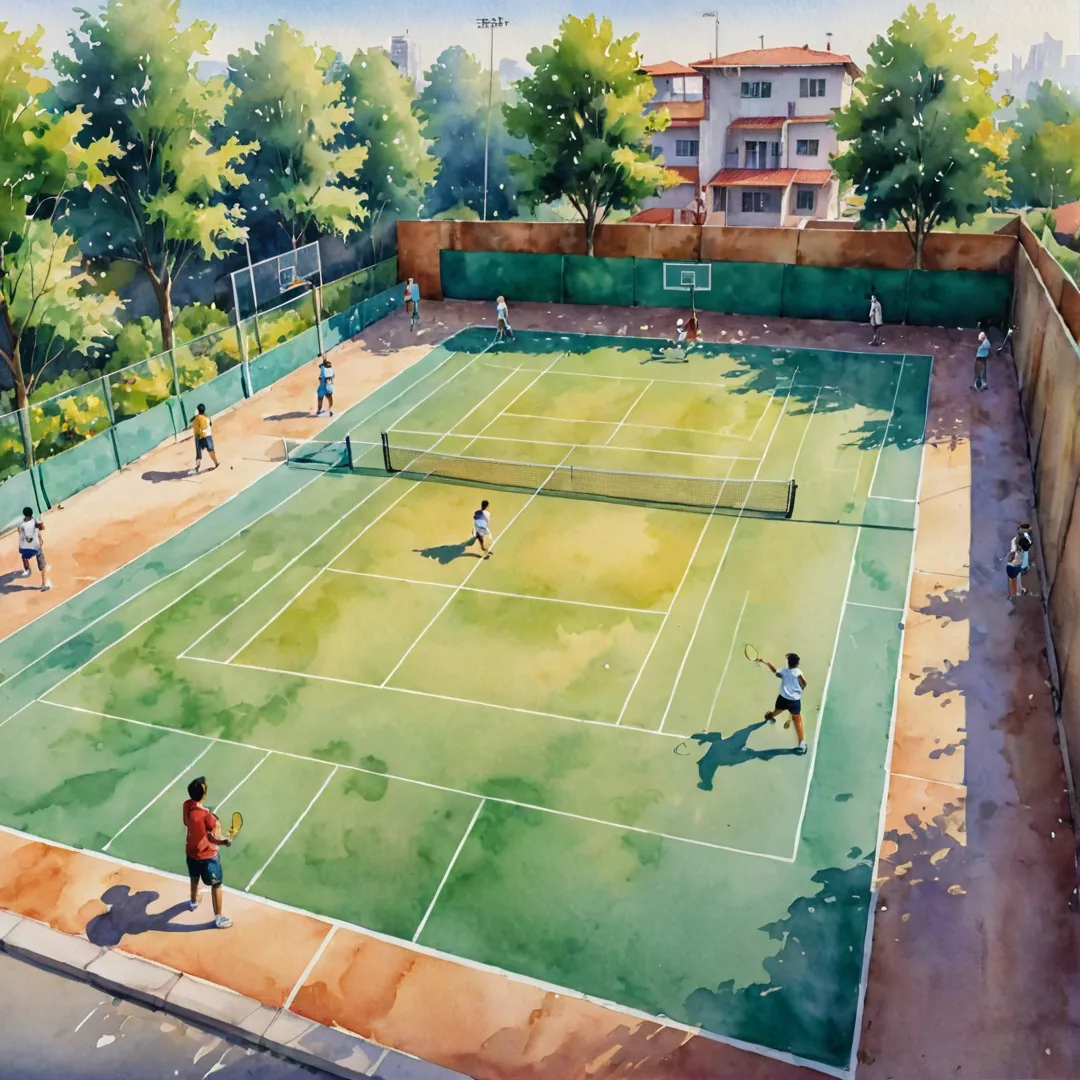 atercolor painting of a vibrant sports facility in Alita, featuring energetic residents playing badminton and basketball. The court surfaces are meticulously detailed with lines, markings, and textures, while the players showcase their skills and sportsmanship. The scene is bathed in warm sunlight that filters through the airy structure, accentuating the lively atmosphere of friendly competition and community engagement.