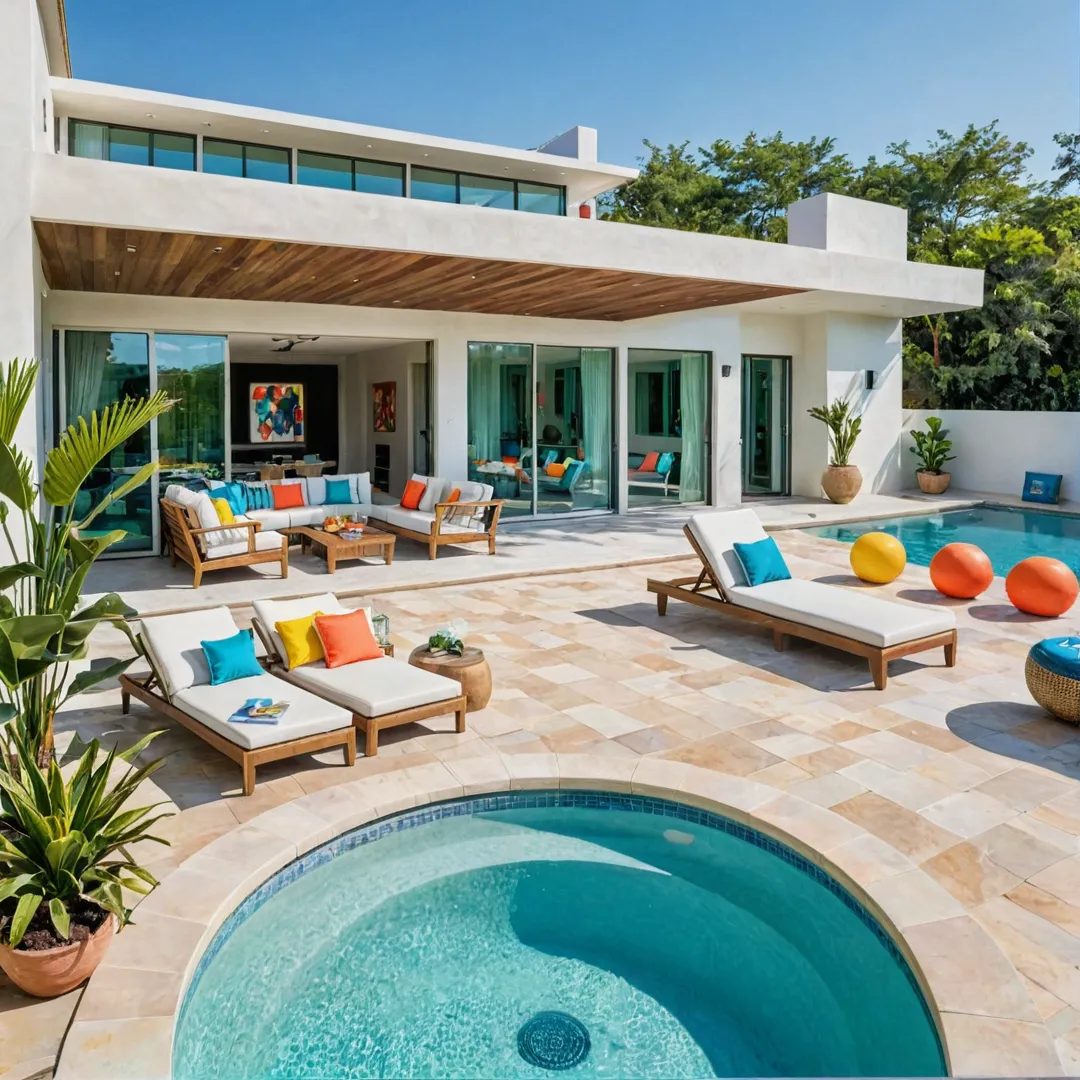 un-dappled poolside view with a stylish outdoor lounge area, chic furniture, and colorful accents. A modern clubhouse in the background exudes luxury and class while blending seamlessly with the natural surroundings.