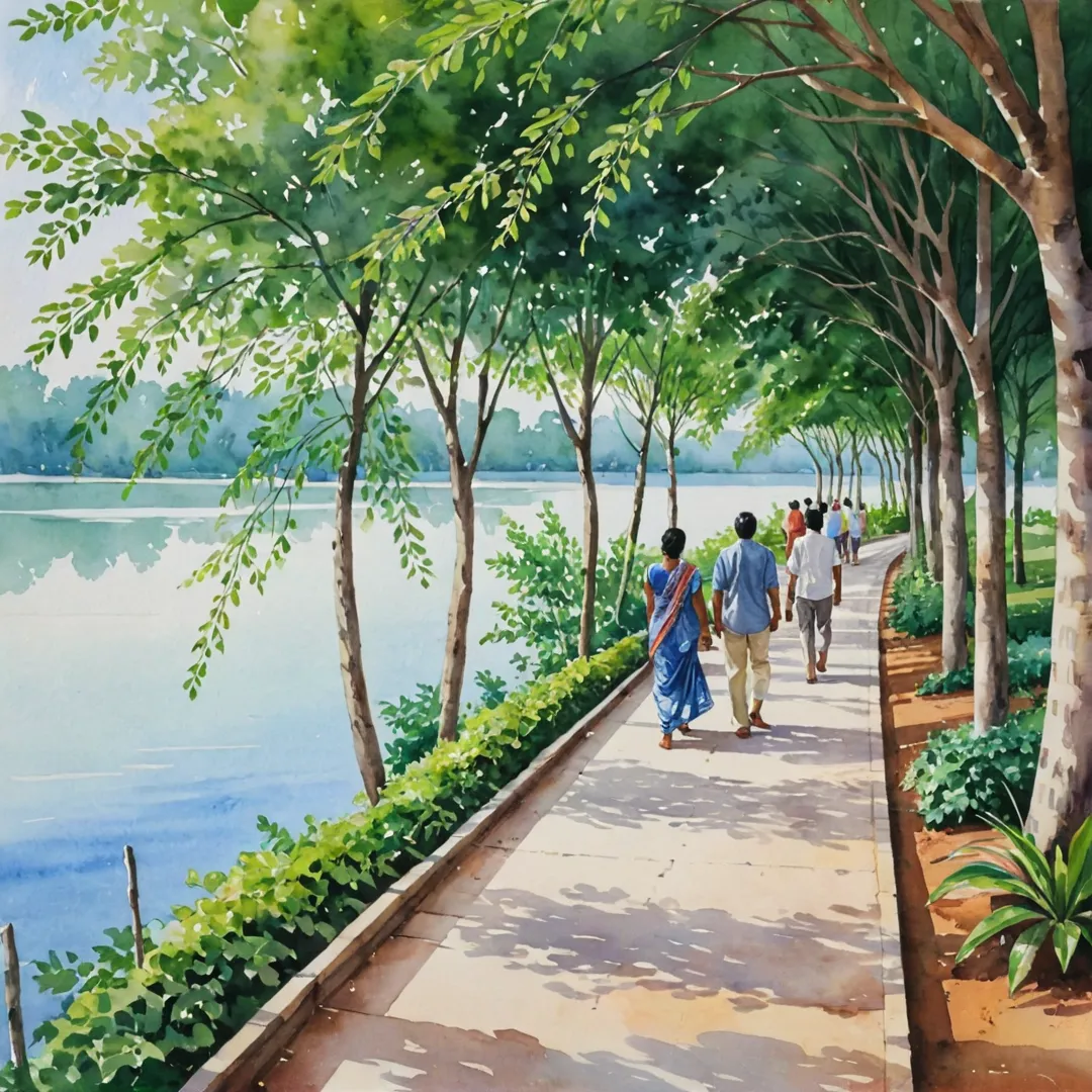 eople walking on a shaded walkway, enjoying the scenic view of greenery and a serene lake, their faces expressing contentment and community spirit.