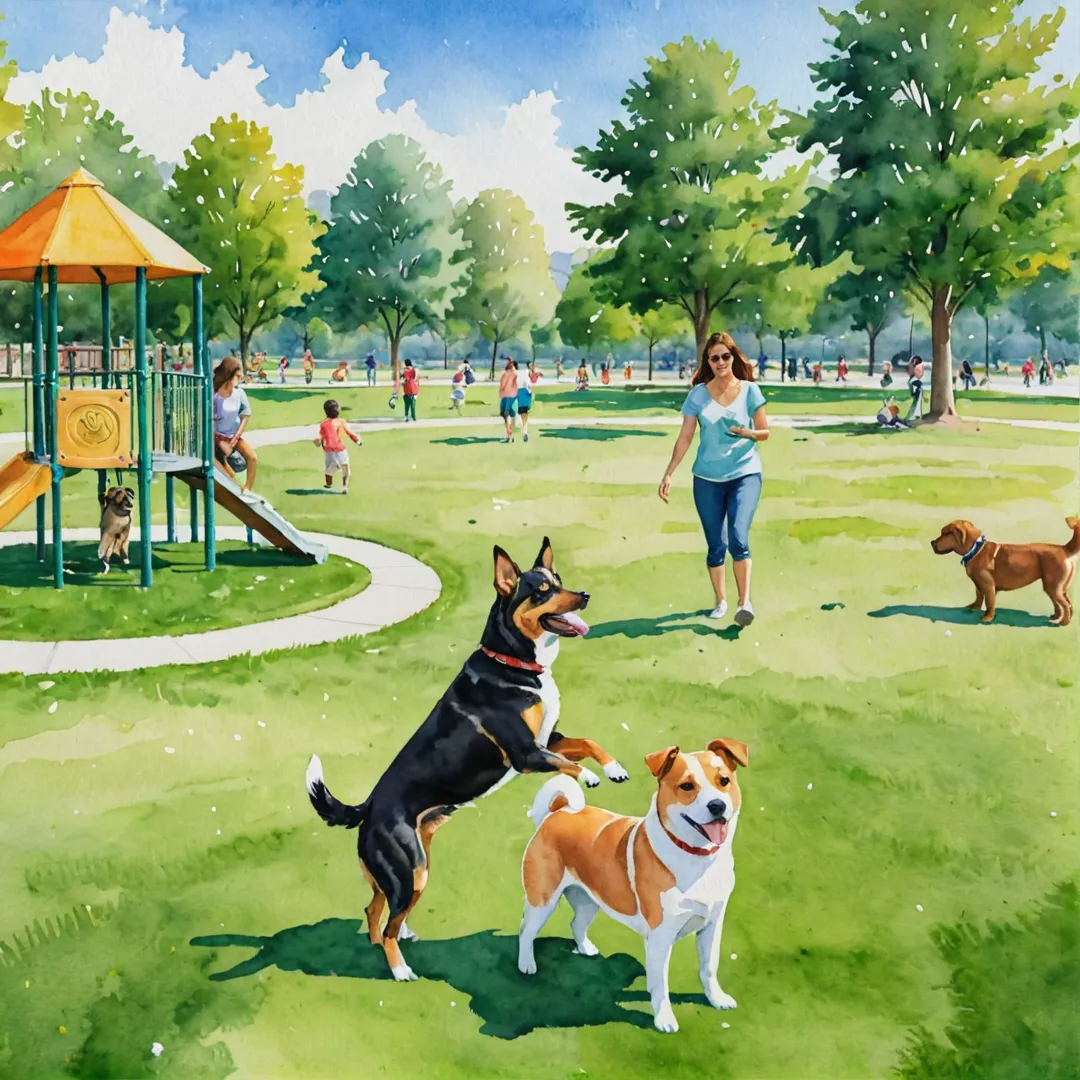 og park, community, pet owners, friends, socialize, exercise, playground equipment, green grass, sunshine, happy pets, connection