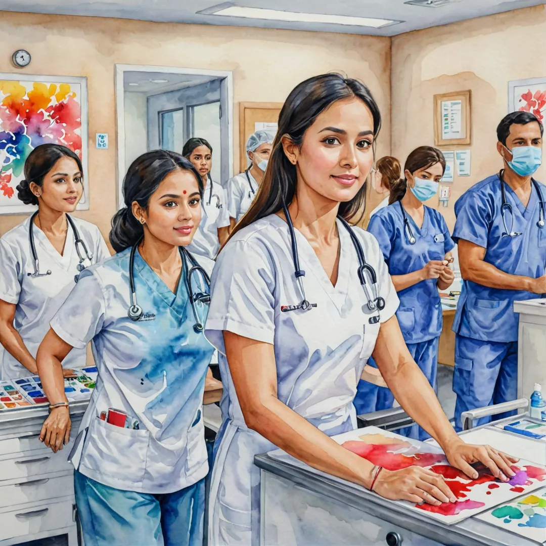 olorful, vibrant, medical center, hospital, doctors, nurses, patients, treatment, care, multispecialty, emergency room, critical care, blood bank, lab, ambulance, bustling, diverse, hope, healing, watercolor painting