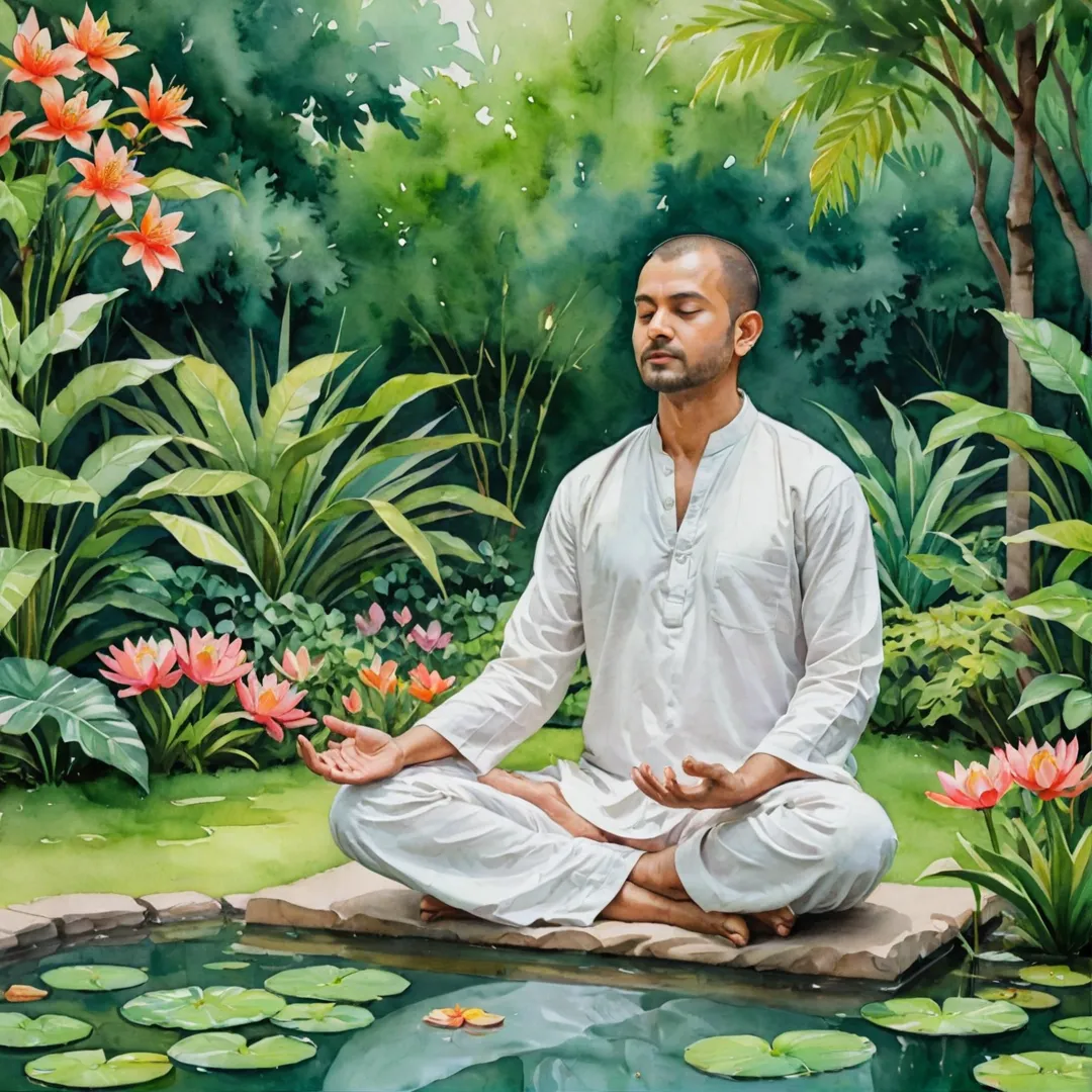 an meditating in a serene garden, surrounded by lush greenery and blooming flowers.