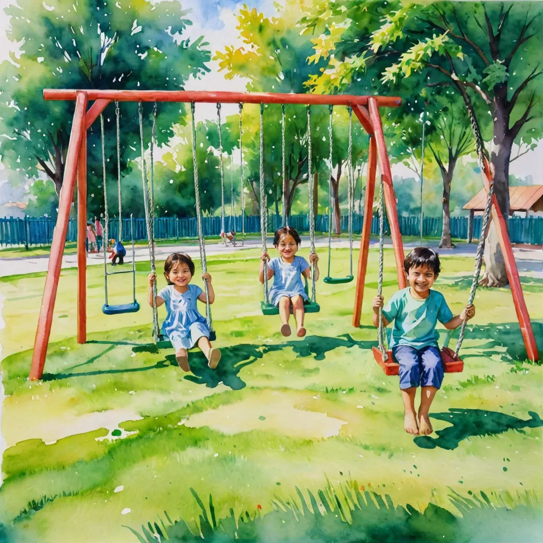 atercolor painting of a vibrant playground, children playing happily, carefree, colorful swings, bright sunlight, joyful laughter, green grass, friendly smiles