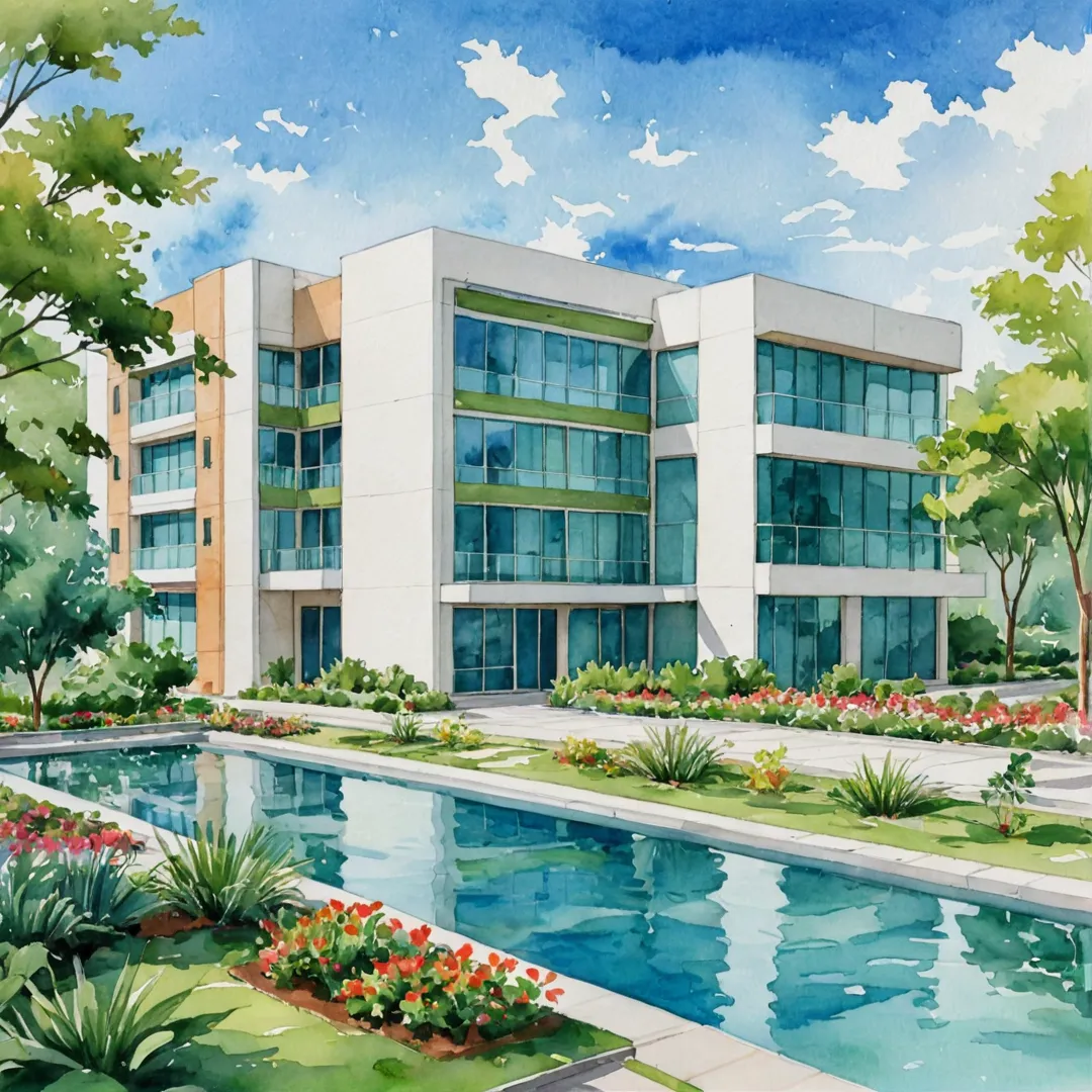 edical facility exterior, modern architecture, greenery, serene environment, proximity to residential area