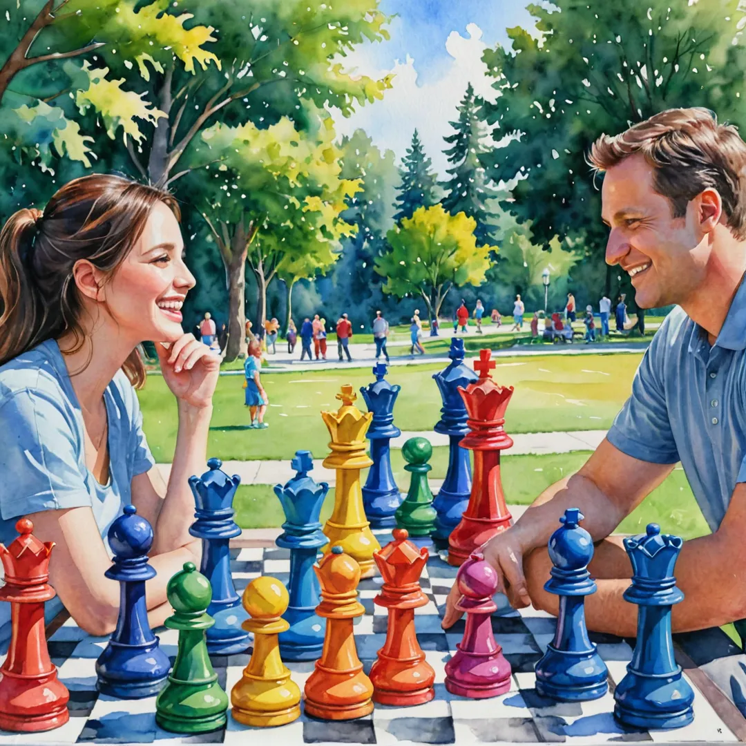 olorful, vibrant, watercolor painting, oversized chess pieces, park setting, happy faces, people playing, community spirit, social interaction, laughing, friendly competition, outdoor recreation, leisure time, Alita lifestyle