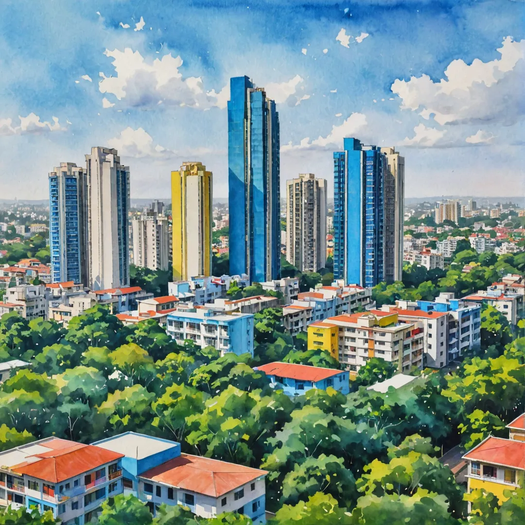 olorful skyline, Bangalore cityscape, vibrant buildings, modern architecture, urban living, real estate development, affordable housing, community living, sustainability, green spaces, open areas, clubhouse amenities, shared workspace, remote workers, home office