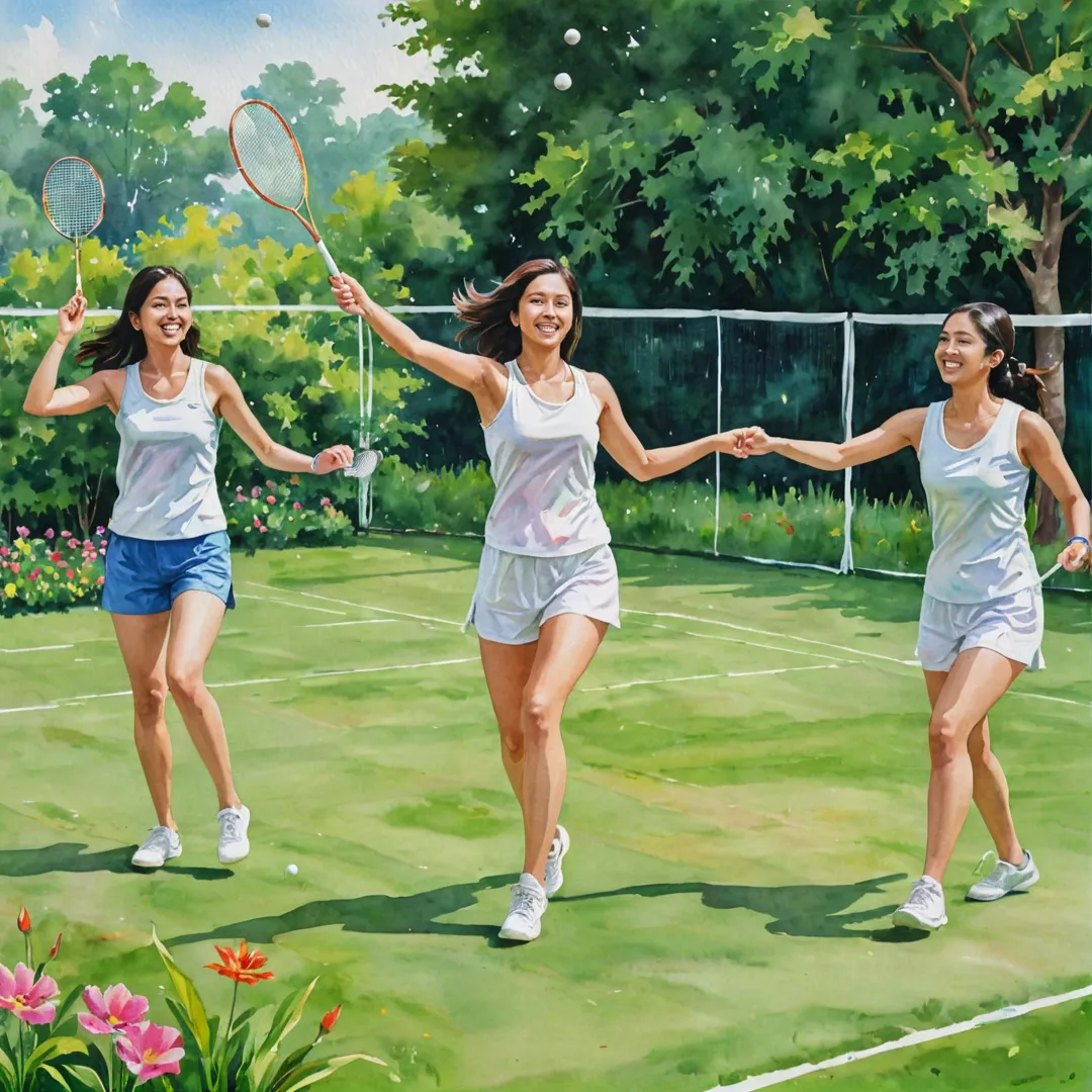 ater color painting of a woman playing badminton with her friends at Alita. They are smiling and laughing, their clothes fluttering in the breeze as they engage in playful competition. The court is surrounded by lush green grass and colorful flowers, creating an idyllic backdrop for this healthy and social activity.