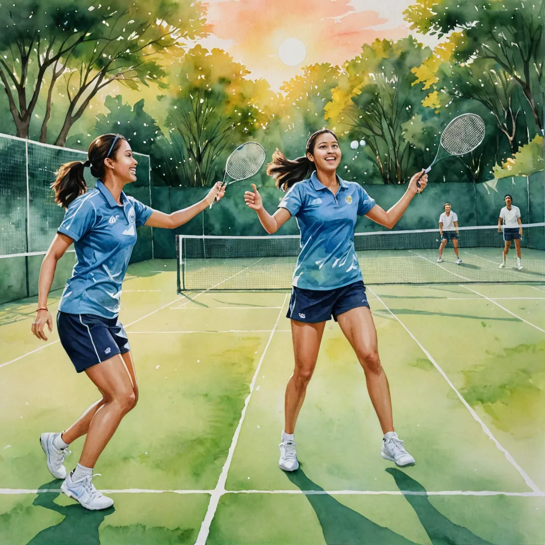 ibrant watercolor painting of a badminton court in Alita, Bangalore East. The scene showcases two energetic players engaged in an intense rally under the warm glow of sunset. The court is surrounded by lush greenery and blooming flowers, creating a serene yet dynamic environment for the game. The air is filled with the sounds of birds chirping and laughter from spectators sitting on a nearby bench. The atmosphere exudes joy, camaraderie, and passion for the sport as players and community members alike come together to share in this uplifting experience.