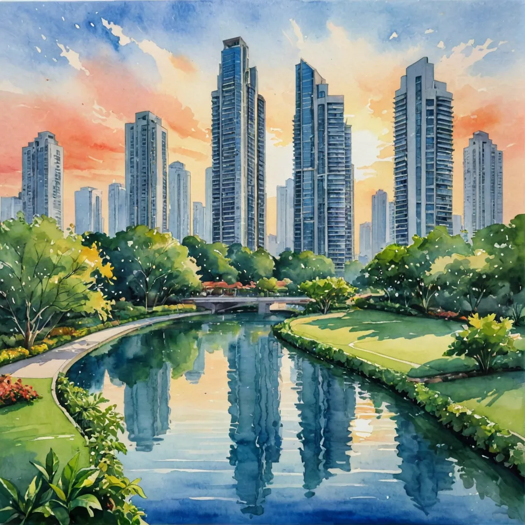 unset skyline, serene environment, high-rise buildings, lush greenery, modern architecture, peaceful retreat, urban blend, transportation hub, connectivity, expansive living spaces, sustainable design, accessibility.