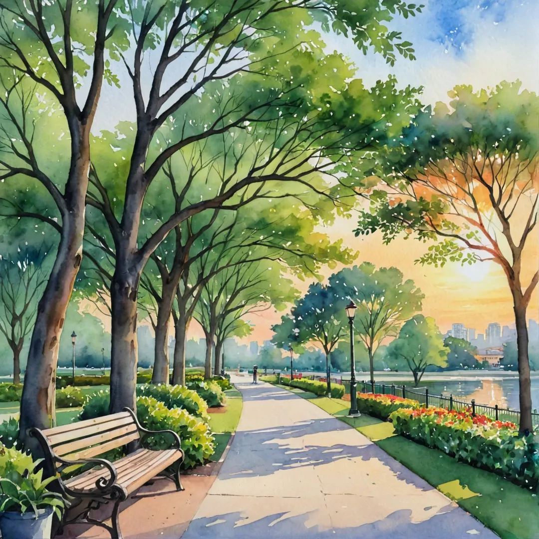 atercolor painting of a serene tree park in a gated community, featuring various species of trees and lush greenery. The image captures residents relaxing on benches or walking along winding paths, enjoying the tranquil atmosphere. In the background, a vibrant sunset casts warm hues over the scene, creating an idyllic setting for socializing and connecting with nature.