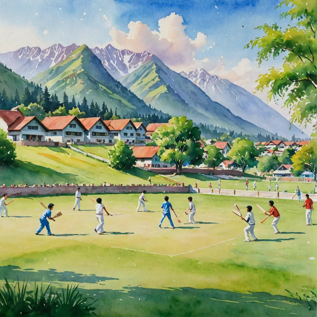 rompt: A vibrant water color painting of children playing cricket in a lush green field under the warm sunlight, with a picturesque backdrop of a colorful village surrounded by mountains. In the background, people can be seen engaging in various sports activities near a modern sports complex and school buildings, while the Willow Sportz cricket ground stands out as a focal point for the enthusiastic players. The artwork captures the essence of community spirit, healthy living, and sportsmanship that Alita embodies.