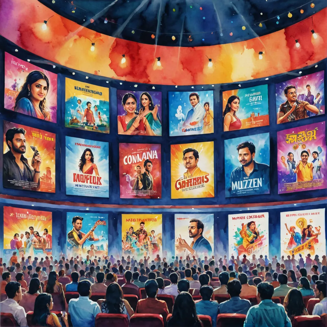 eople enjoying movies at a multiplex, surrounded by colorful lights and screens showing various movie posters.