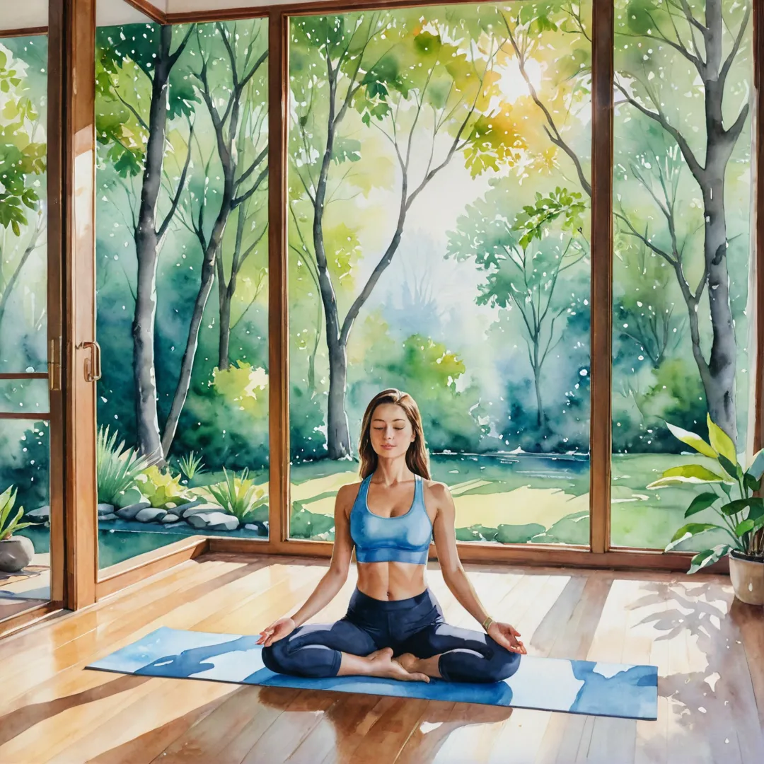 tercolor painting of a serene yoga studio surrounded by nature, peaceful atmosphere, harmonious colors, zen decor, sunlight streaming through trees, students in various poses, sense of calm