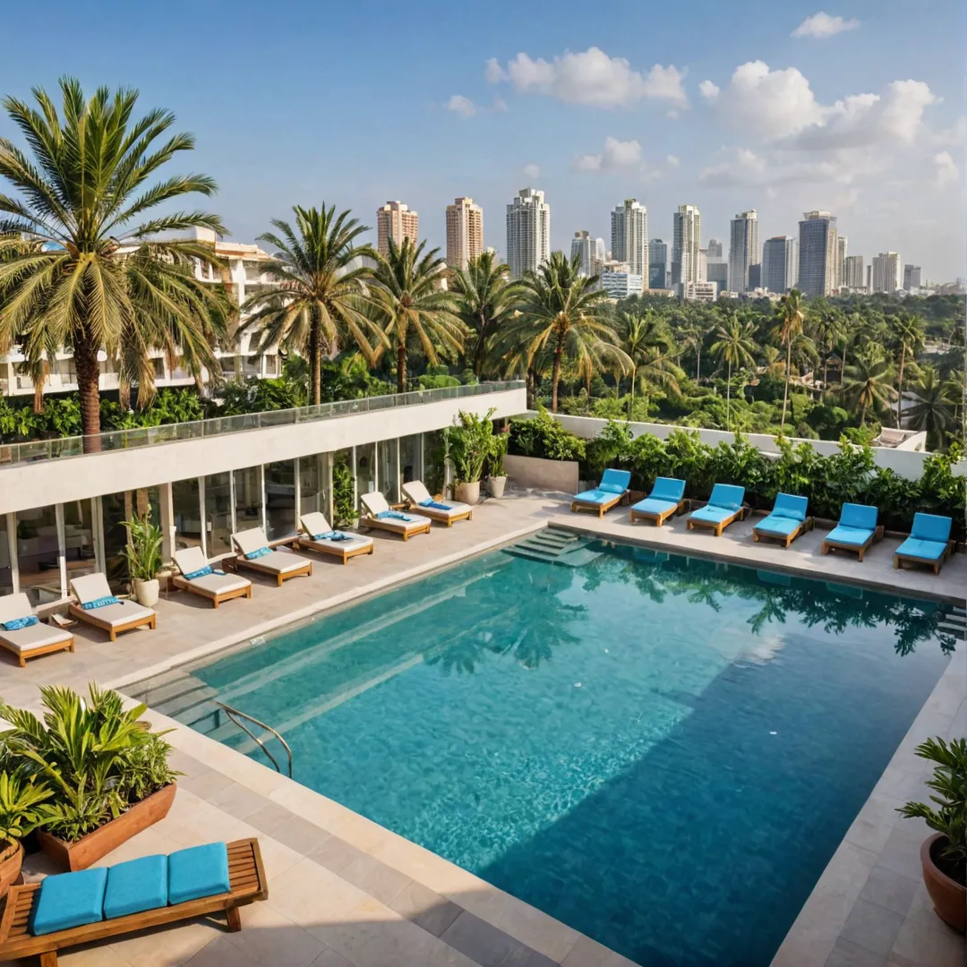 I-generated image prompt: Modern apartment complex in Bangalore, India, blending traditional healing and modern amenities. The building features a rooftop infinity pool overlooking the city skyline with palm trees swaying in the background. Residents are seen practicing yoga or meditation on the terrace while enjoying the cool morning breeze. Nearby, a well-equipped gym and state-of-the-art spa offer residents opportunities for rejuvenation and relaxation. The Ayurvedic healing center is prominently featured in the image, showcasing traditional treatments alongside modern facilities.