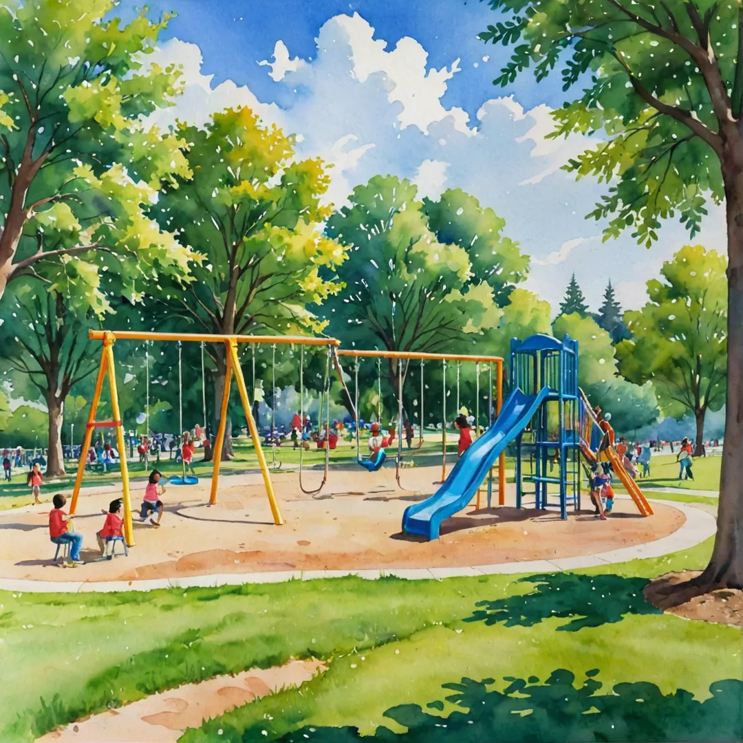 atercolor painting of a vibrant and colorful playground scene, with children of various ages laughing and playing on the swings, slides, and climbing structures. The background features a lush green grassy area dotted with trees, and a cloudless blue sky with fluffy white clouds. The sun is shining down warmly on the scene, creating an inviting atmosphere for both kids and adults alike.