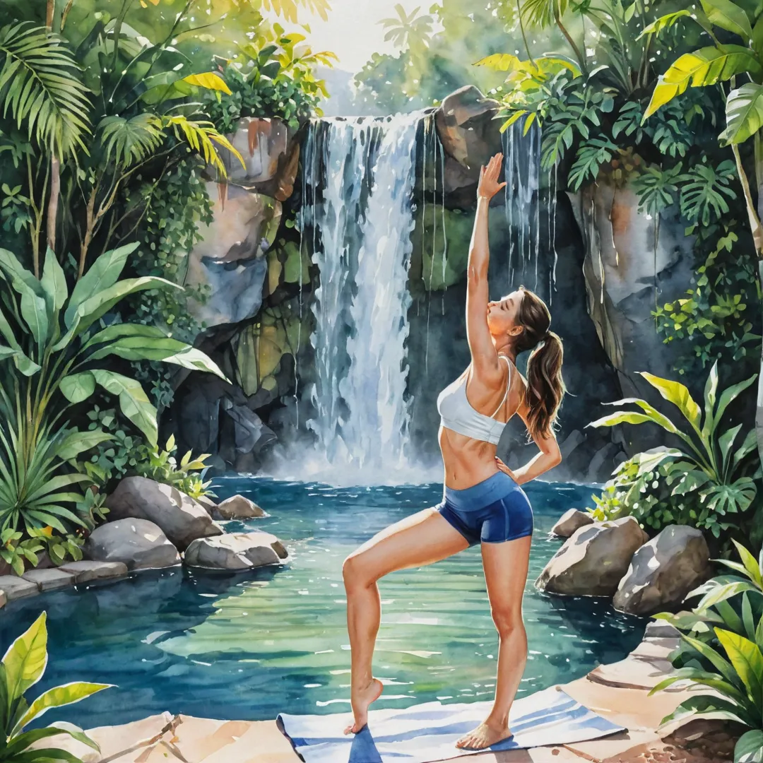 atercolor painting of a fitness enthusiast performing various yoga poses in a serene outdoor setting surrounded by lush greenery, with the sun shining down on them. The individual's body is well-toned and flexible, showcasing their dedication to maintaining an active lifestyle. In the background, a beautiful waterfall cascades into a tranquil pool, creating a picturesque environment for one's mindfulness practice.