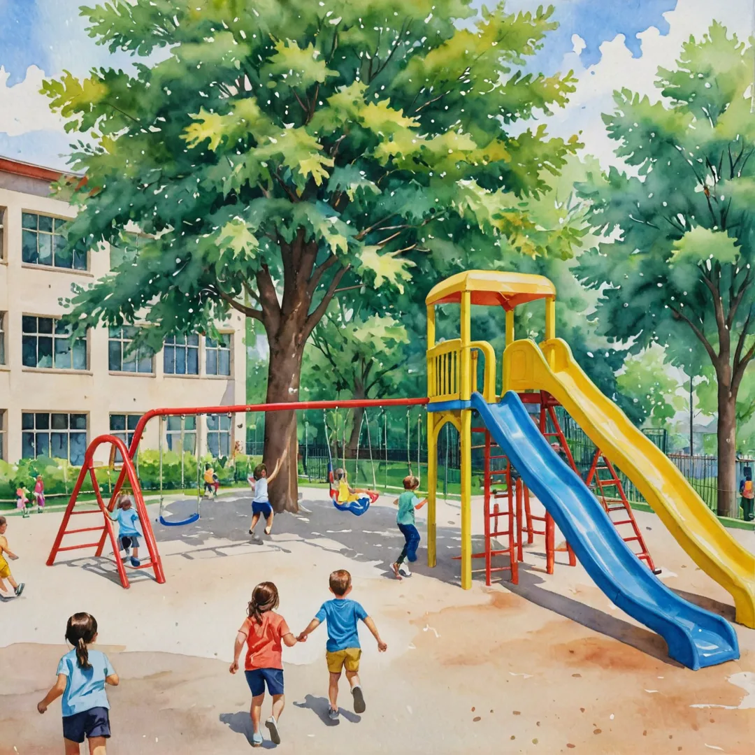 atercolor painting of a vibrant, lively school playground filled with colorful swing sets, slides, and monkey bars. The scene captures children of various ages playing together, laughing and running around, surrounded by beautiful trees and greenery. In the background, there's an impressive modern building with large windows, hinting at a top-notch school facility nearby.