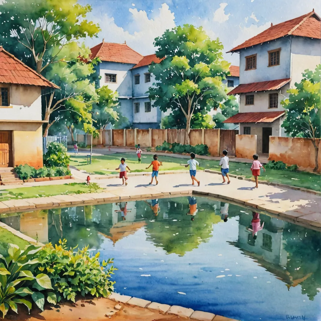 ater color painting of a charming neighborhood scene with children playing happily near an educational institution, showcasing the proximity and accessibility to quality schools in Whitefield, Bangalore. The image should feature lively colors, cheerful characters, and a sense of community, reflecting Alita's commitment to providing families with the best possible living environment for their children's education.