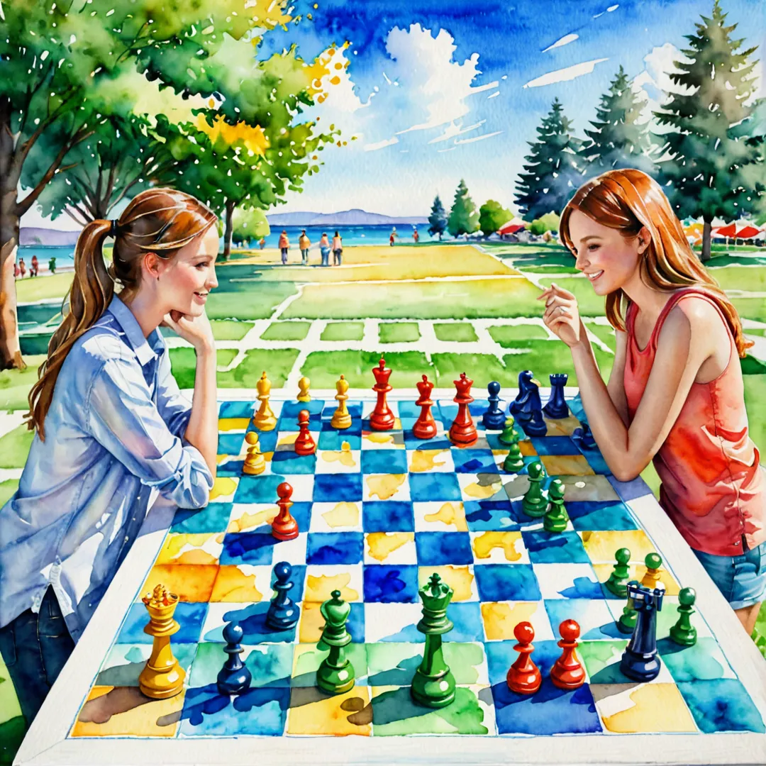 olorful, giant, outdoor, chessboard, lawn, vivid, summer, sky, sunshine, brightness, pieces, friends, playing, strategy, game, competition, community, interaction, bonding, relaxed, serene, watercolor, painting, cheerful