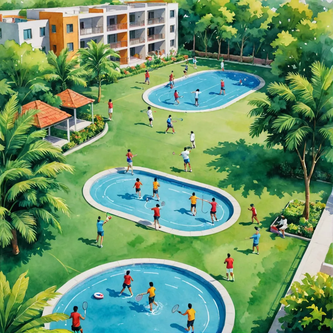 layful residents enjoying various sports activities in a lush green environment, surrounded by modern amenities and a vibrant community spirit.