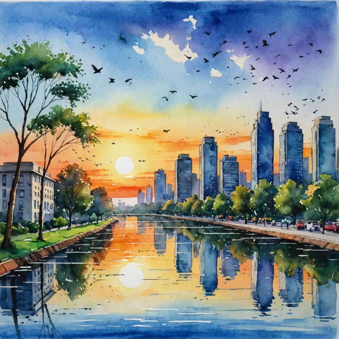 unset, watercolor painting, Alita, skyline, real estate, growth, technology, greenery, trees, birds, people, businesses, innovation