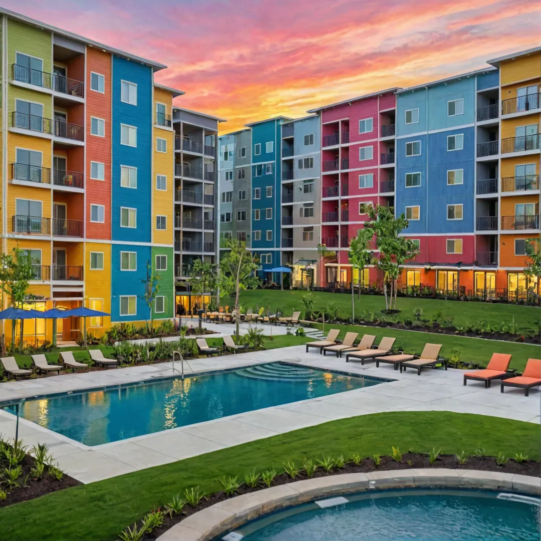 hoto of modern apartment complex, sunset, vibrant colors, sustainable design, community gathering spaces