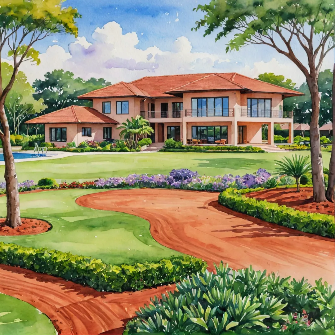 eautifully designed landscape with red soil, trees such as Jacaranda Mimosifolia and Albizia Lebbeck, and a stunning clubhouse in the background. The scene showcases the harmony between nature and modern architecture while emphasizing the project's commitment to sustainability and luxurious living.