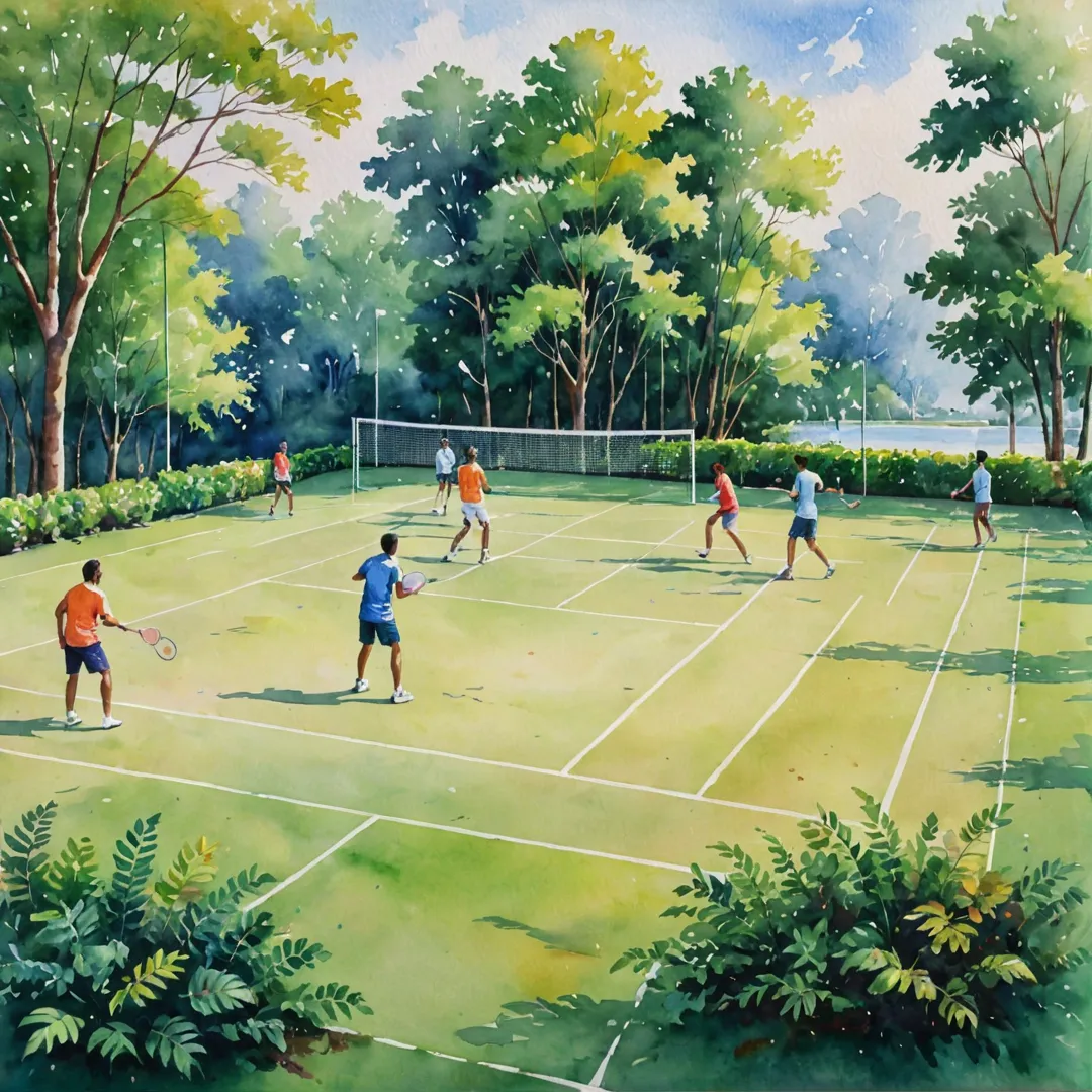 ater color painting of a beautiful outdoor sports complex, with vibrant colors and soft lighting, depicting people engaged in various activities like badminton, basketball, cricket, running, and socializing, surrounded by lush greenery and serene landscape.