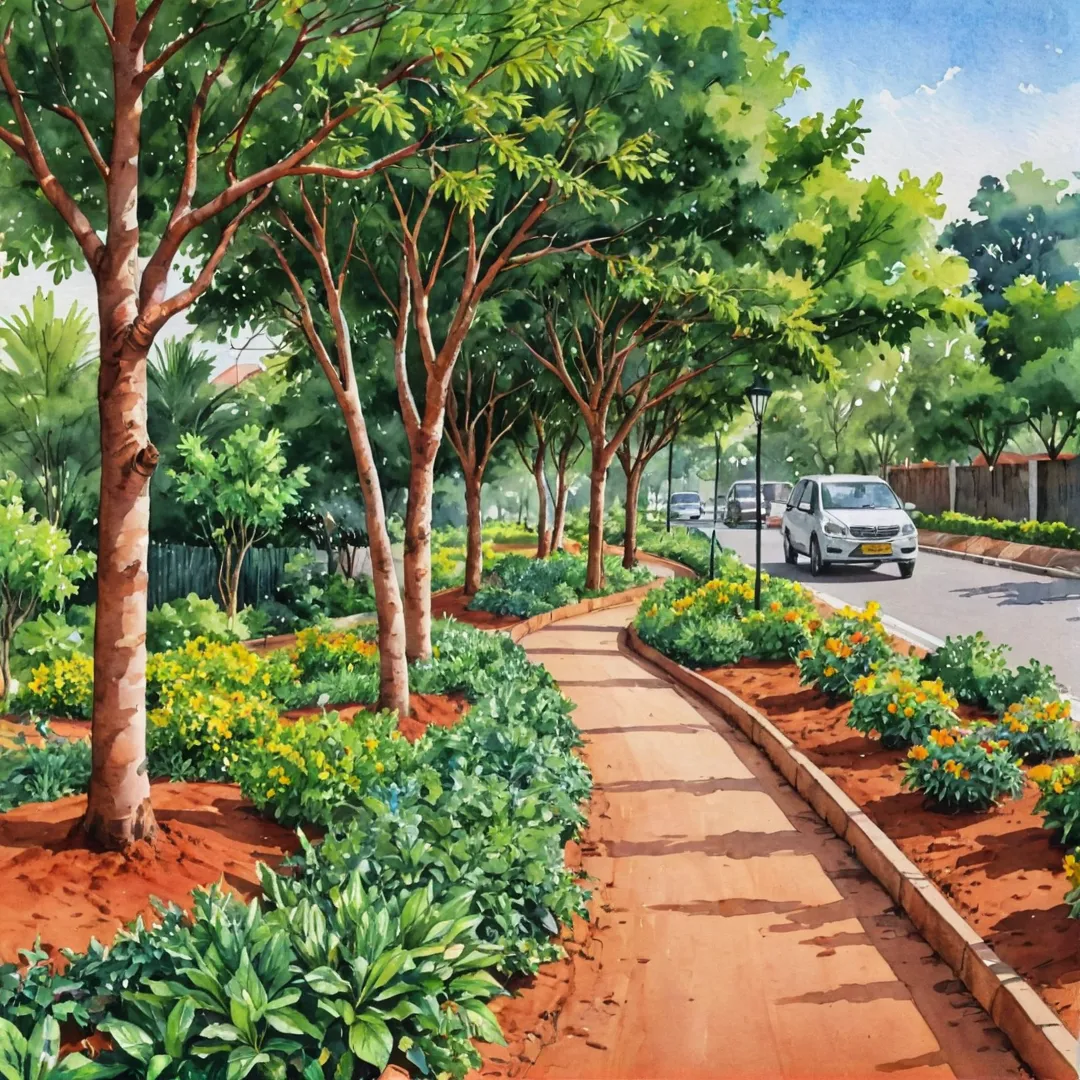 ibrant community, red soil landscape, environmentally friendly, biodiversity, lush greenery, tree-lined avenues, garden spaces, rainwater harvesting system, water conservation, sustainable infrastructure, Bangalore East, strategic development.