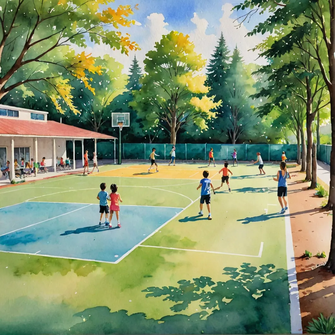 atercolor painting of a colorful, sun-kissed scene at Alita Sports and Recreation center. The vibrant artwork captures children playing on the basketball court while their parents cheer them on from the sidelines. In the background, an adult couple plays a friendly game of badminton under the shade of lush trees. The colors are warm and inviting, evoking feelings of community, fun, and wellbeing in this idyllic setting.