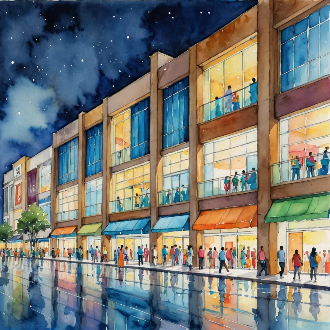 hopping mall exterior, luxurious, bustling with people, vibrant colors, modern architecture, nighttime scene.