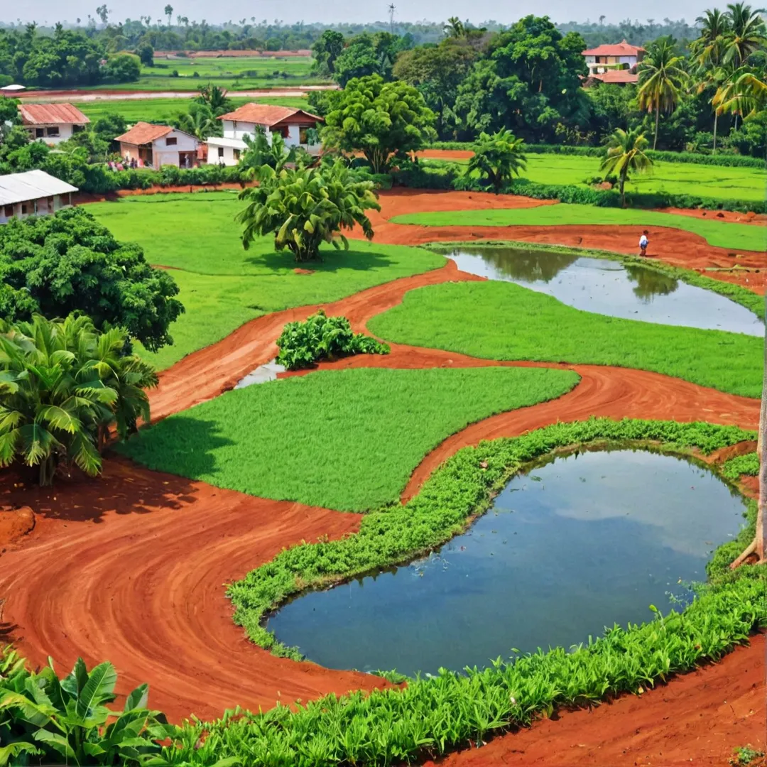 igh detailed, colorful, vibrant, lush greenery, community workspace lounge, residents working remotely, red soil, agricultural landscape, groundwater recharge, sustainable living, Kacharakanahalli lake, Rajakaluve canals, fertile soil.