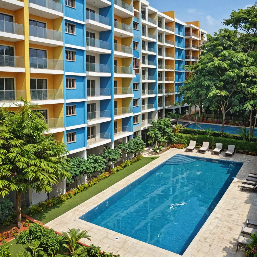 ibrant photo, Alita housing complex, Bangalore, India, modern architecture, luxury apartments, greenery, swimming pool, clubhouse, happy residents, RERA approved, metro station accessibility, expressway connectivity, financial institution approvals.