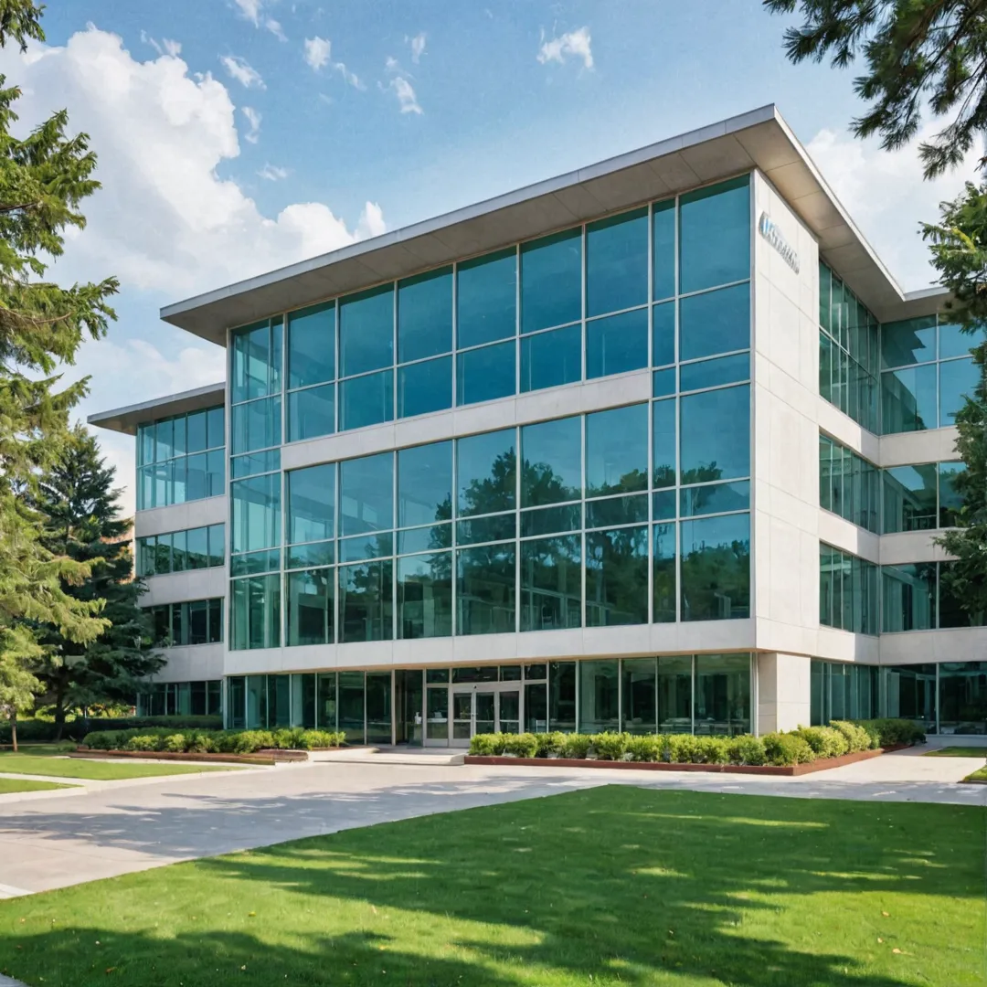 I-generated image of a hospital building with large glass windows, modern architecture, and a serene environment. The exterior showcases sleek lines, reflecting the state-of-the-art technology and equipment within. The hospital is situated in a well-maintained lawn surrounded by trees, creating an atmosphere of calmness and tranquility.